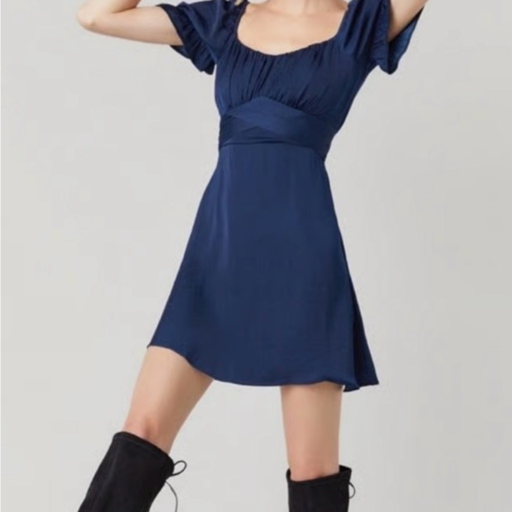 Francesca’s Angelee Satin Tie Back Mini Dress in Navy Blue